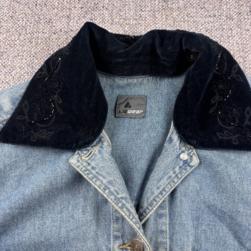 Vintage 90's Lizwear Denim Jacket M Embellished Removable Velvet Collar Buttons - Picture 2 of 7